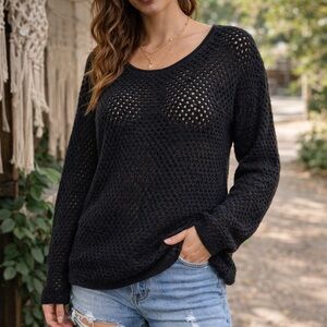 Harper Lane‎ Open Knit Sweater Women's Large Black Long Sleeve Boho Pullover